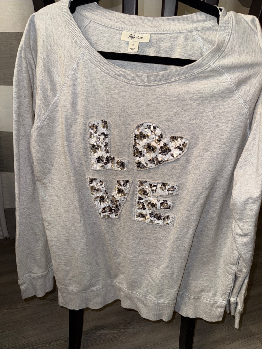 Style & Co. Light Gray Sweatshirt with Leopard Sequin LOVE